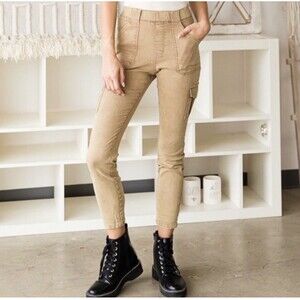Oli & Hali Cargo Pants Large Tan Pull On Elastic Waist Boho Safari Cotton